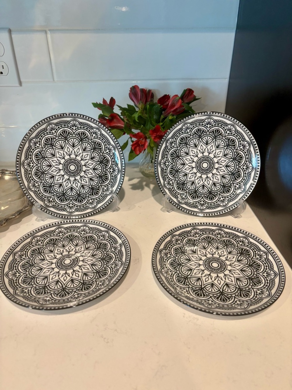 Royal Norfolk 7.5” Black & White Mandala Plates – Set of 4, Boho Décor GUC